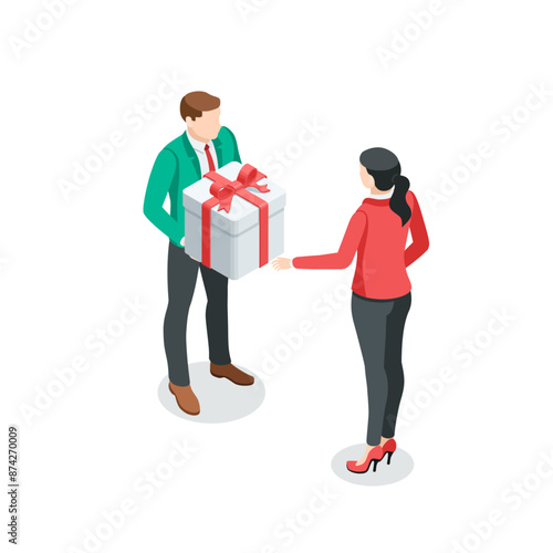 isometric vector business man giving a gift in a box with a bow to a woman, in color on a white background, a holiday gift or promotion in a store