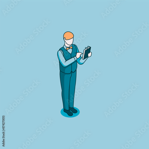 isometric vector male waiter with notepad and pen linear icon, in color on blue background, city people or restaurant worker