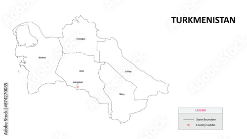 Turkmenistan Map. State and State map of Turkmenistan. Administrative map of Turkmenistan with States and boundaries in white color.
