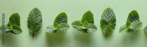 Fresh Green Mint Leaves Scattered on a Light Green Background