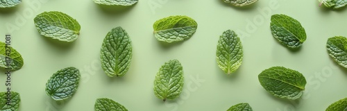 Fresh Green Mint Leaves Scattered on a Light Green Background
