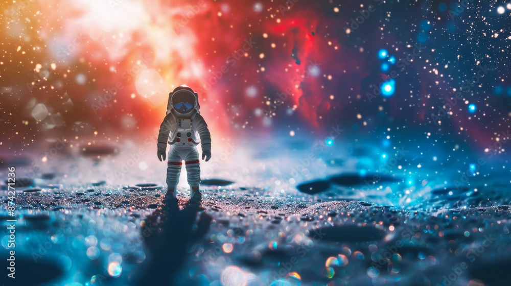 Obraz premium Captivating scene of a young astronaut figurine casting a shadow resembling a rocket, set against a cosmic backdrop