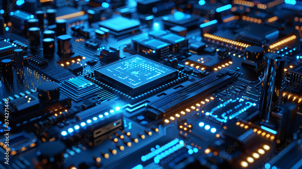 Macro shot of a nanotech processor unit, featuring layers of intricate circuitry and LED lights in blue and white hues, against a minimalist black backdrop Macro shot of a nanotech processor unit, featuring layers of intricate circuitry and LED lights in blue and white hues, against a minimalist black backdrop