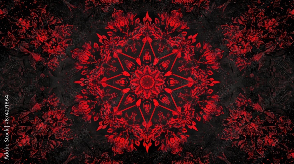Red kaleidoscopic design with symmetric hexagonal floral fantasy pattern on a black background Red kaleidoscopic design with symmetric hexagonal floral fantasy pattern on a black background