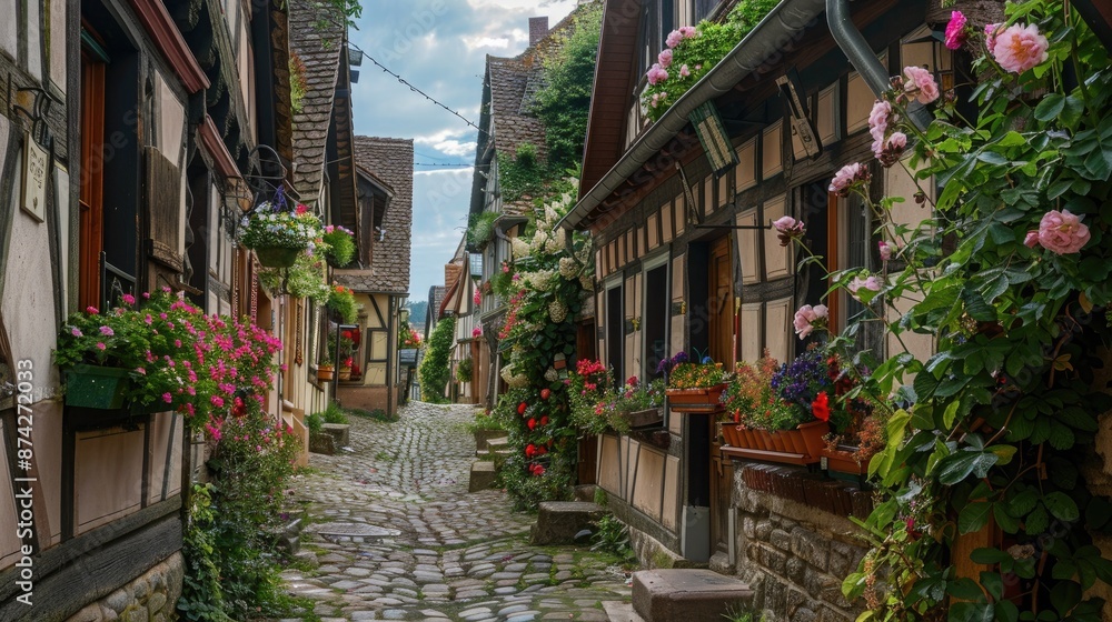 Naklejka premium A quaint cobblestone alley lined with half-timbered houses from the medieval era, adorned with blooming flower boxes.