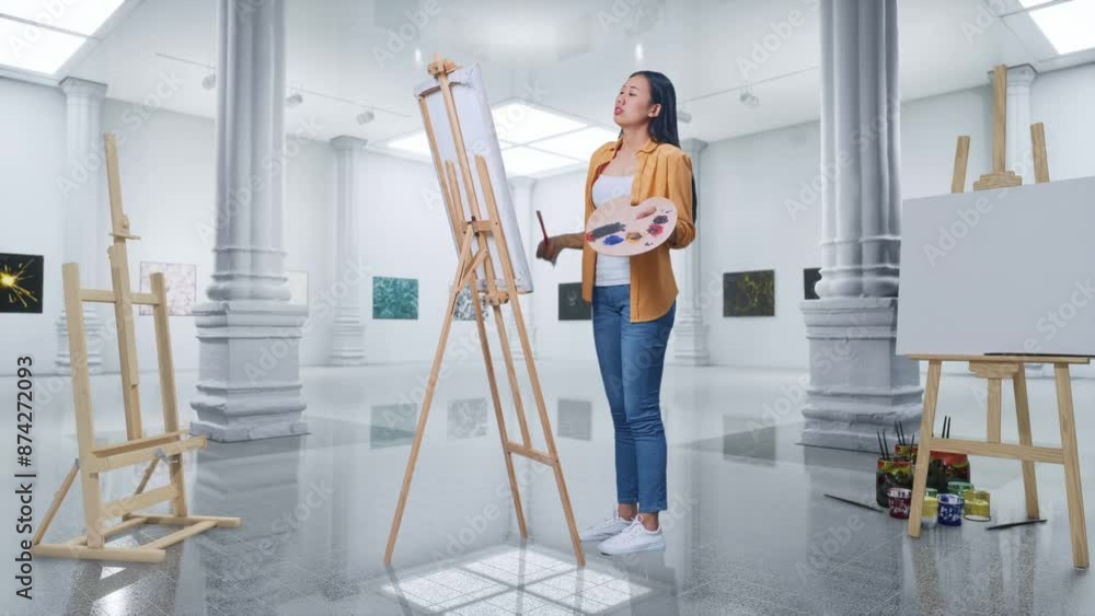 Full Body Of Asian Female Artist Shaking Her Head Unsatisfied With The Picture On Canvas While Painting By Oil Paints And Brush In Gallery Full Body Of Asian Female Artist Shaking Her Head Unsatisfied With The Picture On Canvas While Painting By Oil Paints And Brush In Gallery