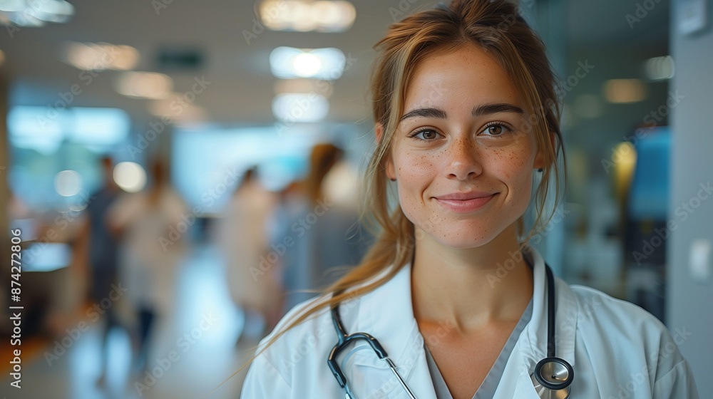 Fototapeta premium Nurse in scrubs attending to a patient in a hospital room, with medical equipment and healthcare staff present.