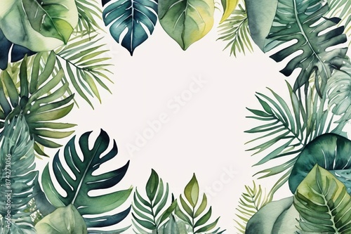 The picture is surrounded by tropical color full watercolor plants