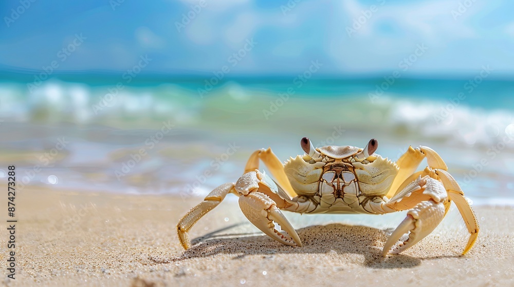 A crab on the sandy beach on a clear day, celebrating World Ocean Day and World Environment Day A crab on the sandy beach on a clear day, celebrating World Ocean Day and World Environment Day