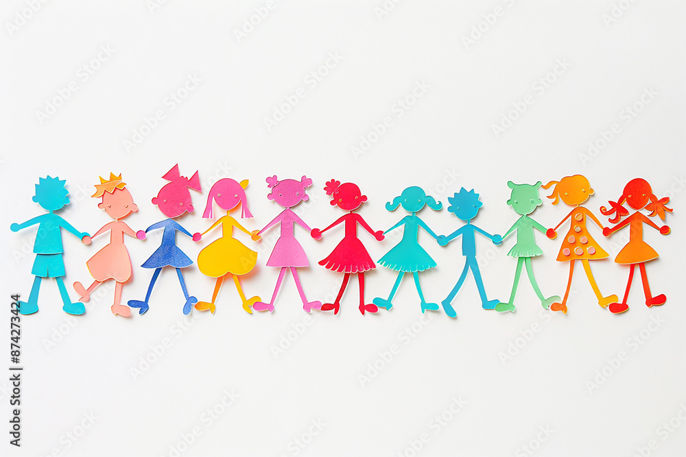 Group of papercut children holding hands, smiling faces, plain white background Group of papercut children holding hands, smiling faces, plain white background