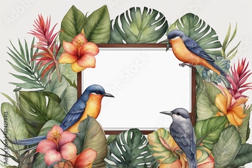 The picture is surrounded by tropical  color full watercolor plants photo