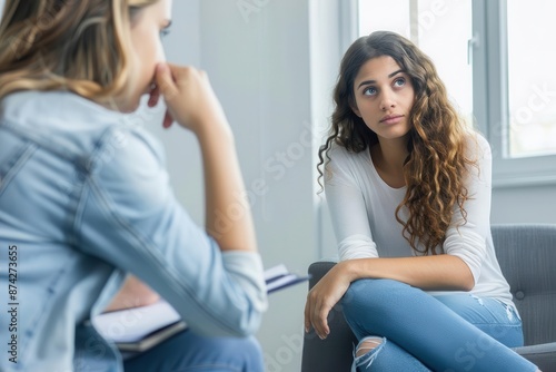 A young woman with curly hair attentively listens to a therapist during a counseling session in a bright, modern office setting.