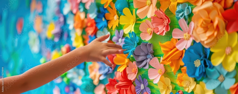 Obraz premium Welcoming kindergarten students back with a summer themed bulletin board, creativity concept, selective focus, classroom theme, vibrant, composite, classroom backdrop