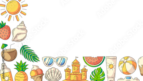 Summer colorful horizontal banner, beach accessories icons. Corner border frame, copy space, isolated on white. Summertime, sun and fun. For poster, flyer, card, invitation, party or event