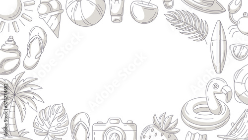 Summer minimalist horizontal banner, beach accessories gray monochrome icons. Round border frame, copy space in the middle, isolated on white. Enjoy every moment. For poster, flyer, card, invitation