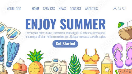 Enjoy summer, landing page. Beach elements. Sunglasses, flippers, pineapple, camera, swimsuit, ice cream, flip flops, watermelon. Web template for site, homepage, banner. Summertime, season vacation