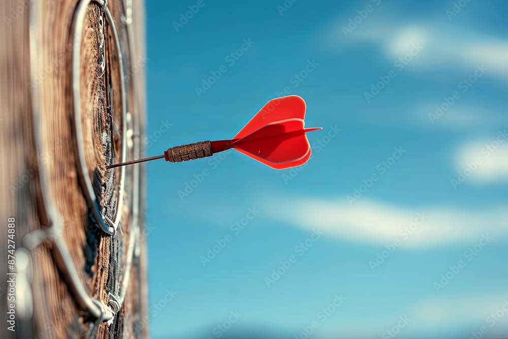 Darts arrow hitting the center target against a blue sky background, symbolizing business goals and success, captured in high detail with an ultra-realistic style and shallow depth of field. Darts arrow hitting the center target against a blue sky background, symbolizing business goals and success, captured in high detail with an ultra-realistic style and shallow depth of field.
