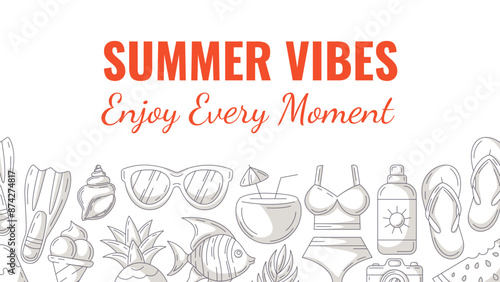 Summer minimalist horizontal banner, beach monochrome gray accessories icons. Bottom border frame, copy space, isolated on white. Summer vibes, enjoy every moment. For poster, flyer, card, invitation