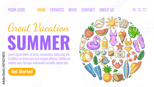 Summer beach holiday elements, round shape. Creative landing page vector template for website, web, online store, banner. Concept of summertime, season vacation, travel destination, tourism