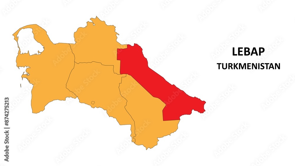 Fototapeta premium Lebap Map is highlighted on the Turkmenistan map with detailed State and region outlines.