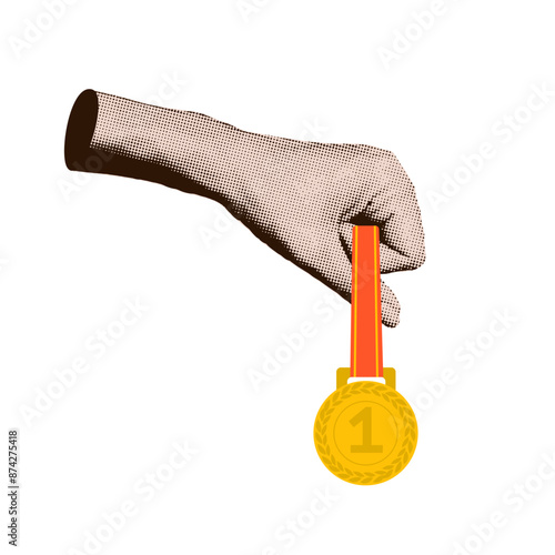 Halftone collage hand holding first place gold medal. Business success, sport victory, goal achievement isolated concept. Trendy retro vector illustration isolated on transparent background