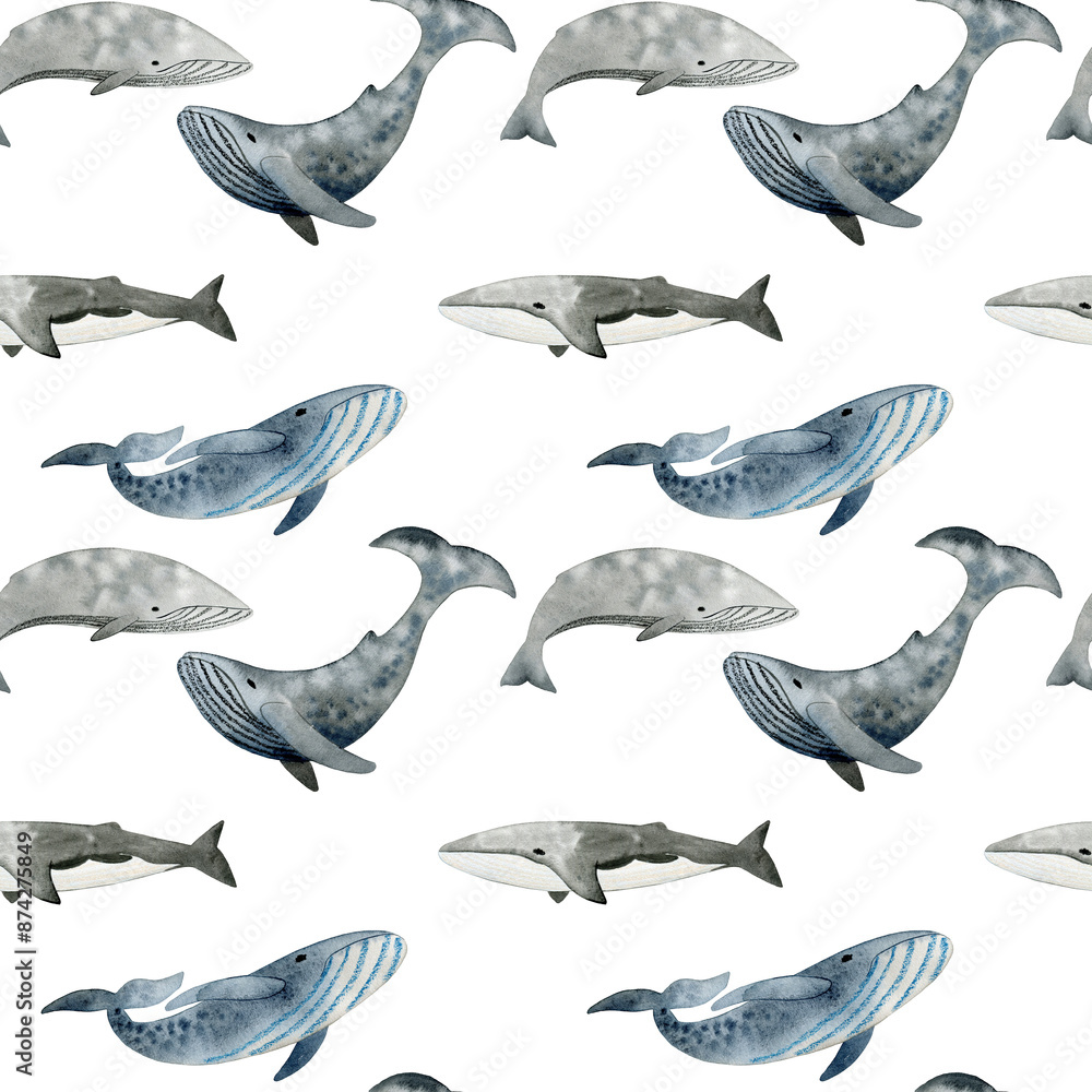 Fototapeta premium Seamless pattern with watercolor whales.