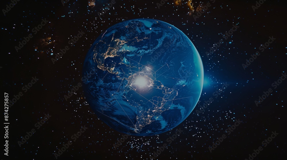 full view of the whole round globe seen from space, from far away, bright light in the middle of the ocean as the focal point, network of lights spreading from the center light, epic composition, cine full view of the whole round globe seen from space, from far away, bright light in the middle of the ocean as the focal point, network of lights spreading from the center light, epic composition, cine