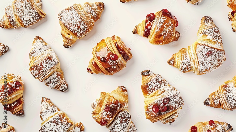 Realistic photography, top view of a clean surface which has traditional bakery items on it Realistic photography, top view of a clean surface which has traditional bakery items on it