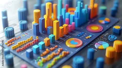 A 3D isometric illustration of a marketing dashboard with an emphasis on market segmentation, featuring graphs and charts with detailed data on different segments, modern and intuitive layout,