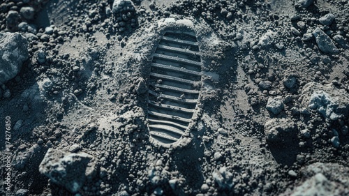 Boot print in lunar soil with rocks around