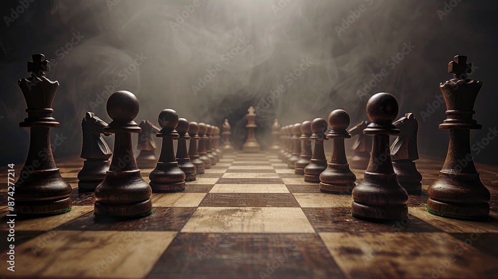 Ornate wooden chessboard with carved pieces in smoky ambiance Ornate wooden chessboard with carved pieces in smoky ambiance