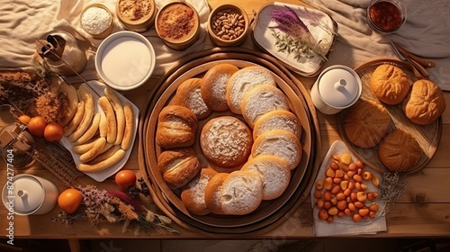 Realistic photography, top view of a clean surface which has traditional bakery items on it