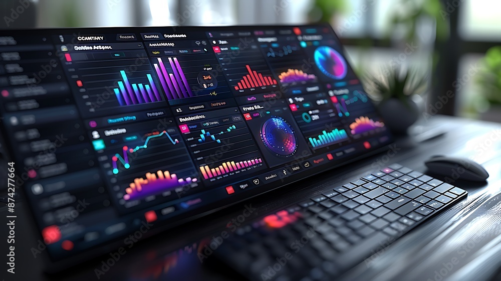Naklejka premium A 3D isometric illustration of a marketing dashboard, with a focus on influencer marketing metrics displayed through detailed graphs of campaign performance, reach, and engagement, intuitive layout,