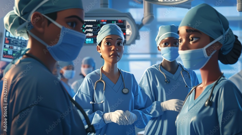 A group of healthcare professionals working together in a hospital, diverse ethnicities, wearing scrubs and protective gear. A group of healthcare professionals working together in a hospital, diverse ethnicities, wearing scrubs and protective gear.
