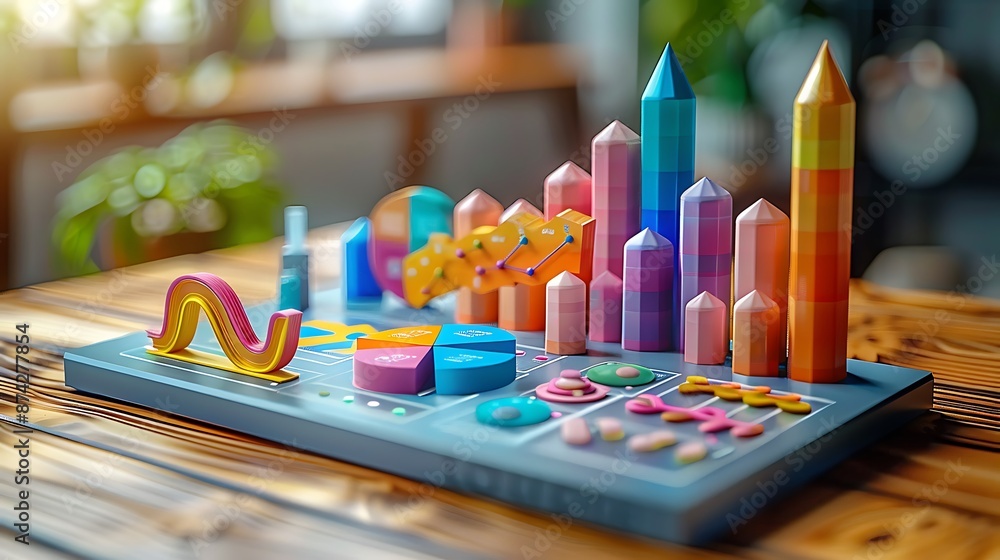 A 3D isometric illustration of a marketing dashboard, with a focus on social media engagement metrics displayed through pie charts and line graphs, intuitive layout, high-detail elements, A 3D isometric illustration of a marketing dashboard, with a focus on social media engagement metrics displayed through pie charts and line graphs, intuitive layout, high-detail elements,