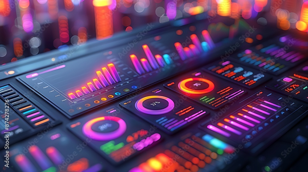 A 3D isometric illustration of an online marketing dashboard, showcasing detailed content performance metrics with graphs displaying views, shares, and engagement rates, vibrant colors, A 3D isometric illustration of an online marketing dashboard, showcasing detailed content performance metrics with graphs displaying views, shares, and engagement rates, vibrant colors,