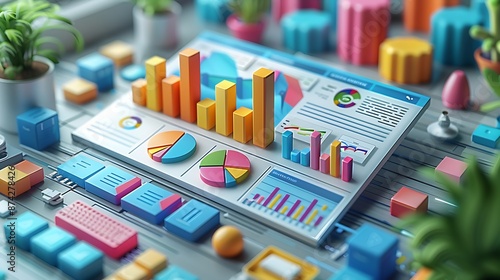 A 3D isometric illustration of an online marketing dashboard, showcasing detailed data visualizations of advertising spend vs. ROI with pie and bar charts, vibrant colors, realistic textures,