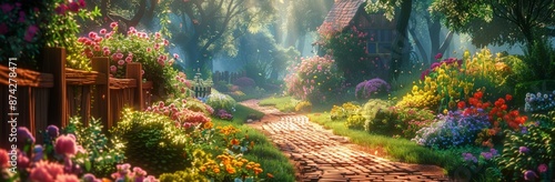 Sunlit Brick Path Through A Lush Garden With A Cottage And Flowers