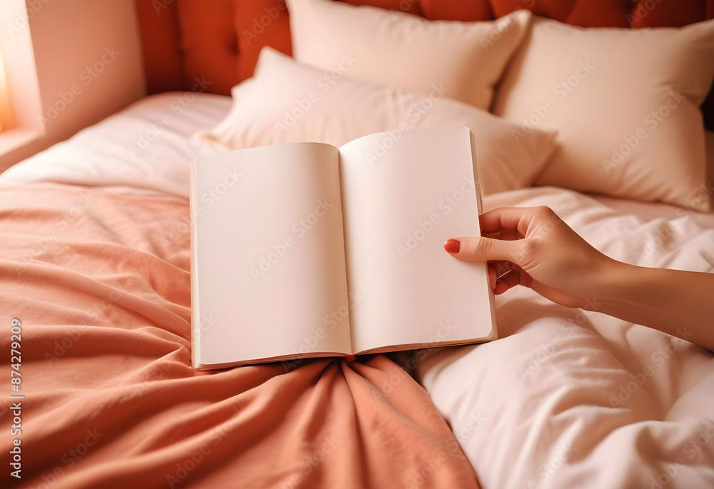 Blank book or diary mockup with cover. Hand holding white paper template. Woman and background design for empty female business. Cozy warm bed with pillow view. Blank book or diary mockup with cover. Hand holding white paper template. Woman and background design for empty female business. Cozy warm bed with pillow view.