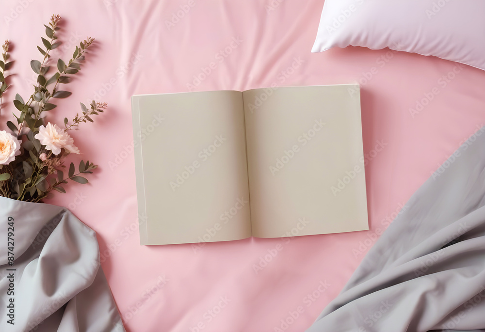 Fototapeta premium Empty mockup or diary book on the pink bed