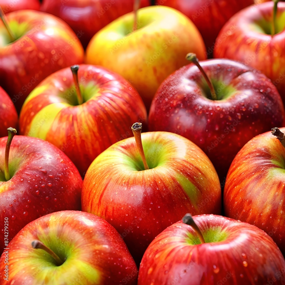 Close-up of fresh, vibrant red apples showcasing their glossy skin and natural beauty Close-up of fresh, vibrant red apples showcasing their glossy skin and natural beauty