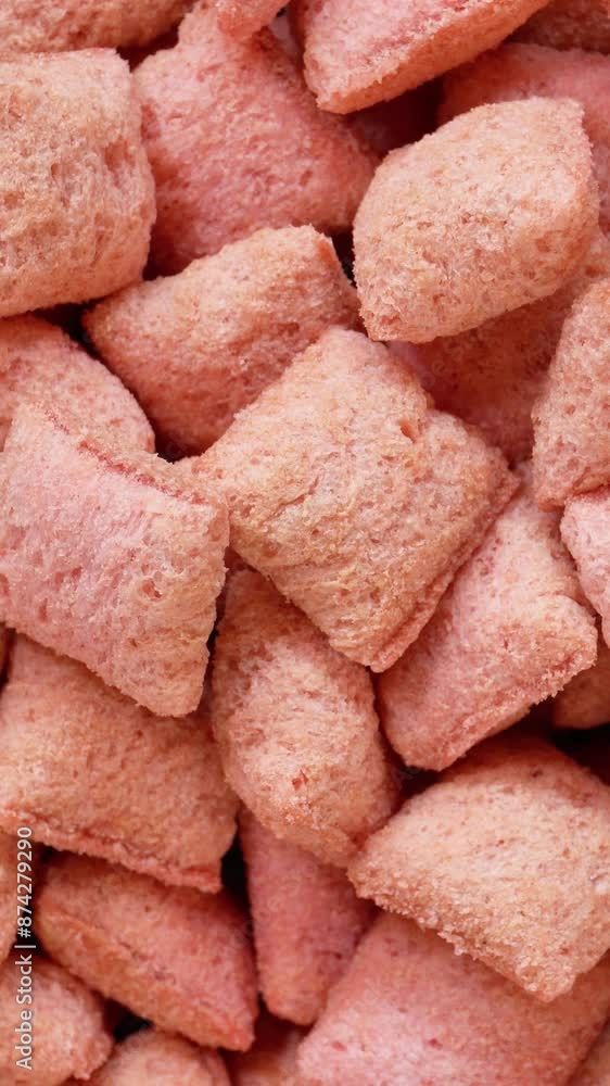 Rotating sweet corn pads close-up. Pile of breakfast pillow cereal. 4k vertical concept Rotating sweet corn pads close-up. Pile of breakfast pillow cereal. 4k vertical concept