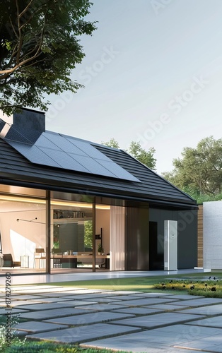 Modern house with solar panels and a heat pump.
