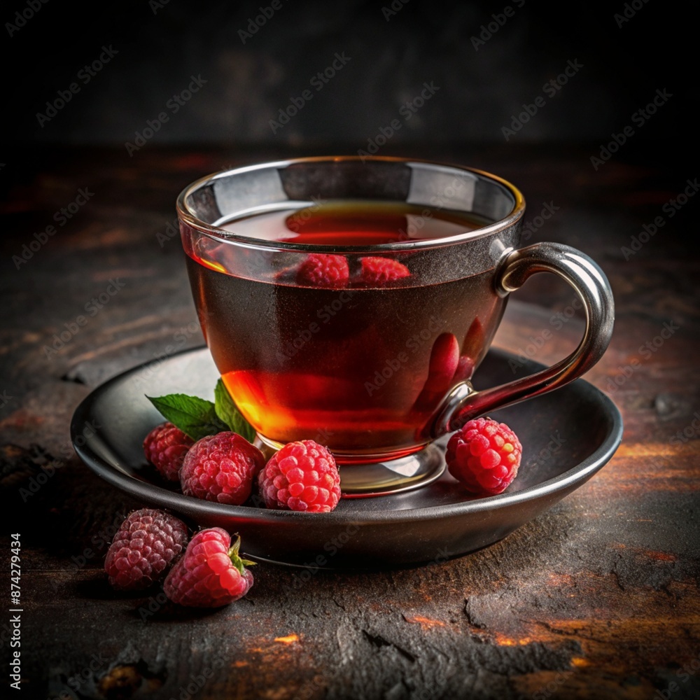 Cup of raspberry tea with fresh raspberries on a dark, rustic background Cup of raspberry tea with fresh raspberries on a dark, rustic background