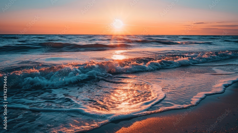 A remote beach with gentle waves, the sunset creating long shadows and a warm, orange glow over the water. A remote beach with gentle waves, the sunset creating long shadows and a warm, orange glow over the water.