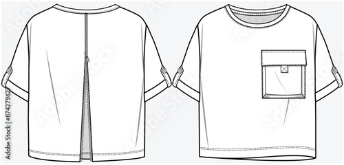 DROP SHOULDER BOXY KNIT TOP WITH UTILITY POCKET DETAIL DESIGNED FOR TEEN AND KID GIRLS IN VECTOR FILE