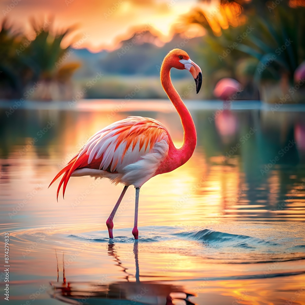Fototapeta premium A vibrant flamingo stands gracefully in tranquil waters against a stunning sunset backdrop