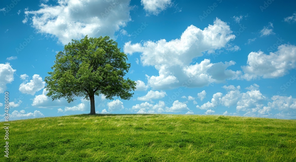 A single tree stands tall in a lush green grassy field under a bright blue sky, ideal for photography, landscape, or nature scenes A single tree stands tall in a lush green grassy field under a bright blue sky, ideal for photography, landscape, or nature scenes
