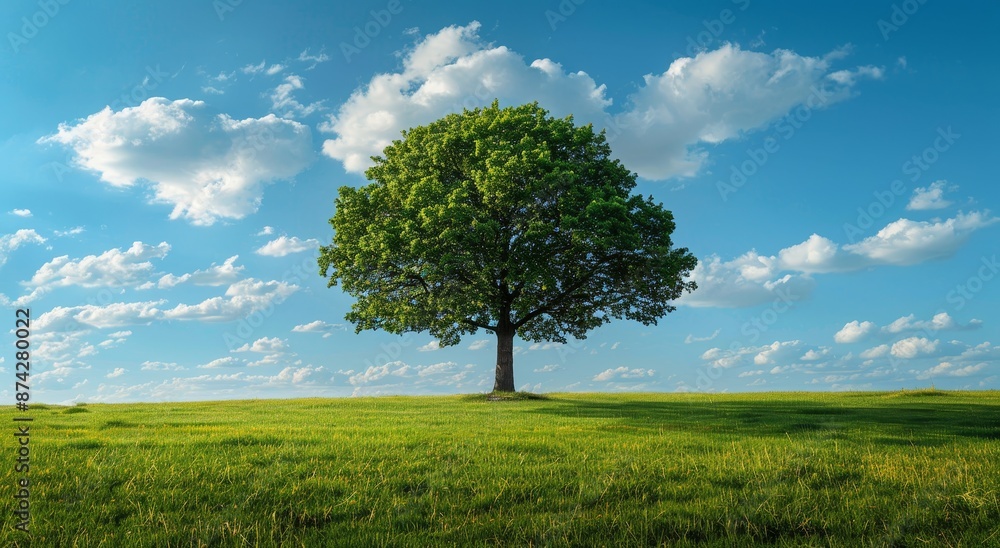 Obraz premium A single tree stands alone on the grassy field, with a blue sky and white clouds in the background.