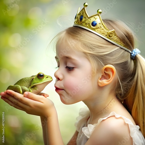 A child in a crown holds a green frog, evoking fairy tales and magical themes photo